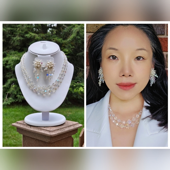 Vintage Crystal Necklace and Crystal Fuax Pearl Earrings Jewelry Set - Picture 16 of 17